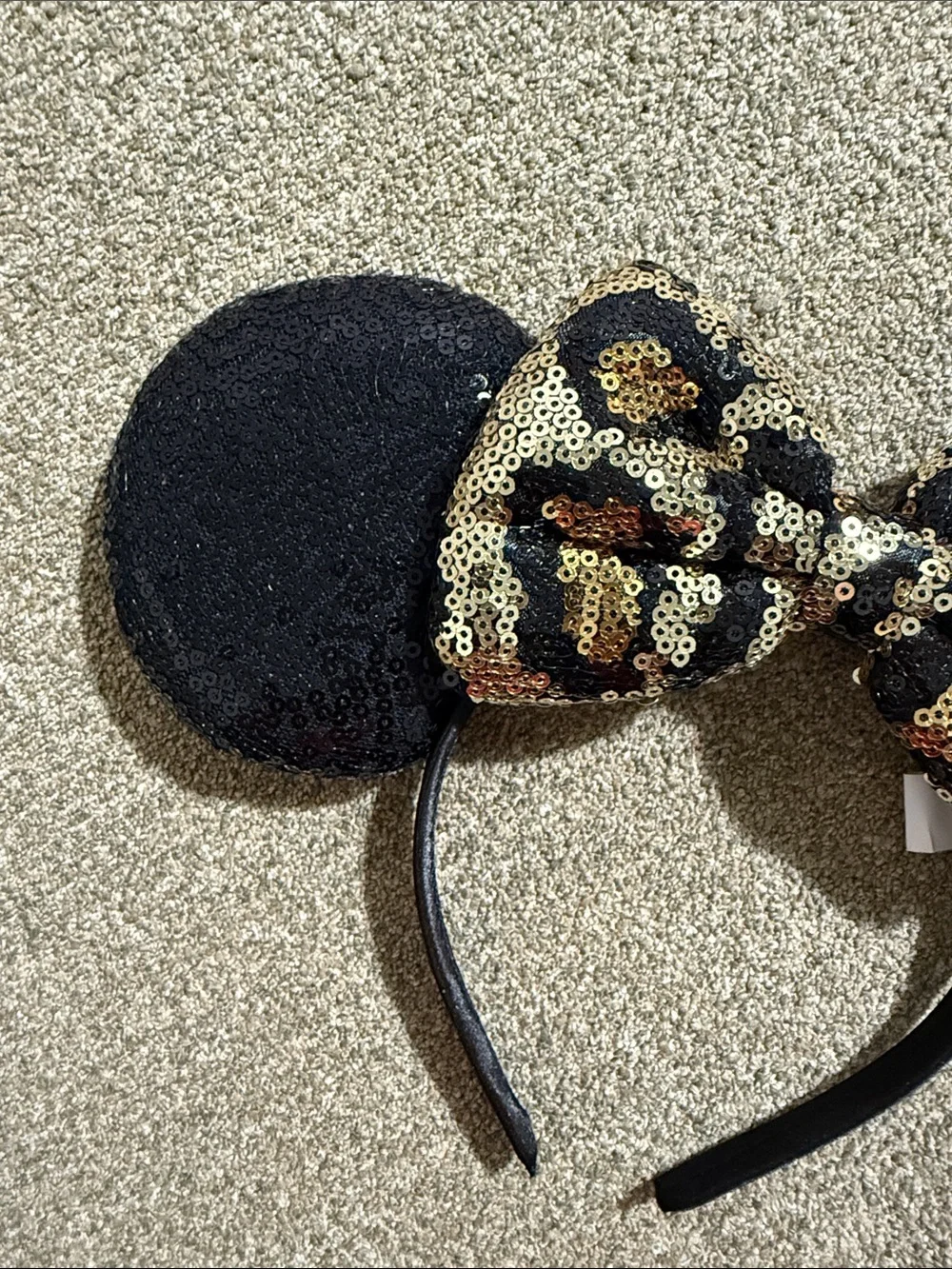 Disney Black Sequin Minnie Ears Headband with Gold Leopard Bow